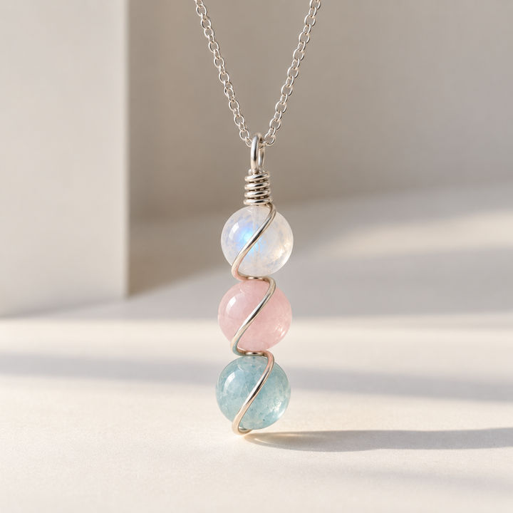 Calm Necklace – Triple Gemstone Wire-Wrapped Pendant