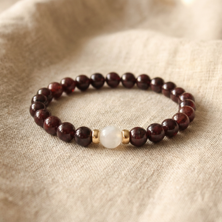 Garnet and White Moonstone Gemstone Bracelet