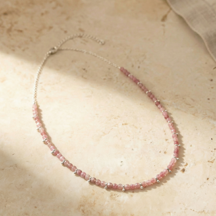 Pink Tourmaline Beaded Necklace – Gold Accent Crystal Necklace