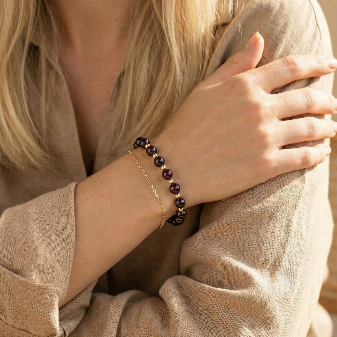Garnet Gemstone Bracelet – 8mm Beads with Gold Accents for Passion & Strength