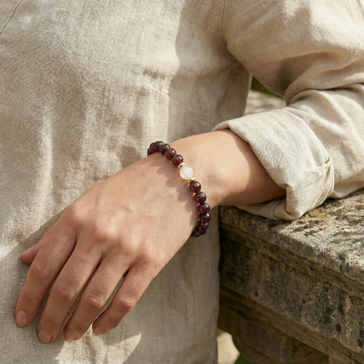 Garnet and White Moonstone Gemstone Bracelet