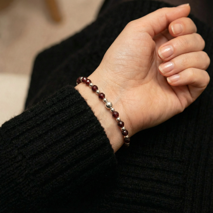Garnet January Birthstone Bracelet – Dainty Faceted Beads, Handmade Jewellery