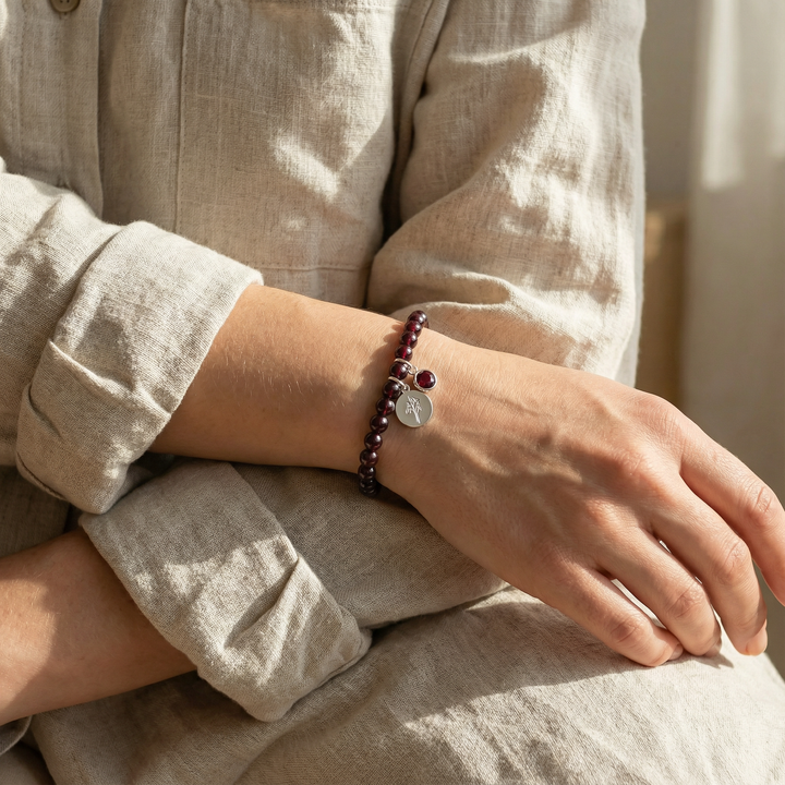 January Birthstone Garnet Bracelet with Swarovski Crystal and Snowdrop Engraved Charm