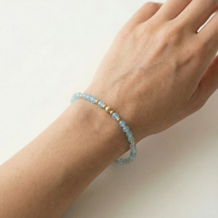 Aquamarine March Birthstone Bracelet – Dainty Faceted Beads, Handmade Jewellery