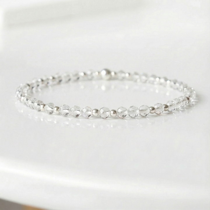 Clear Crystal Birthstone Bracelet – Dainty Faceted Beads, Handmade Jewellery