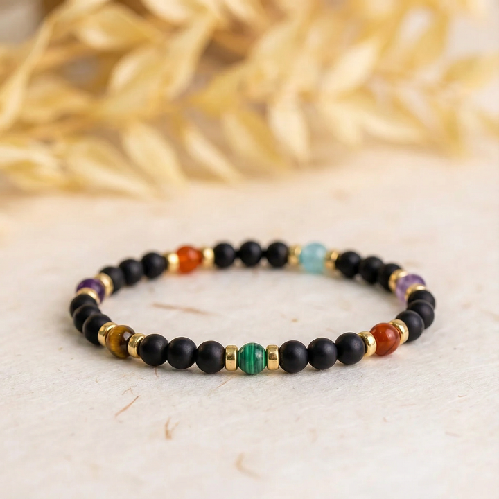 7-Chakra Bead Bracelet with Black Onyx and Gold-Filled Accents