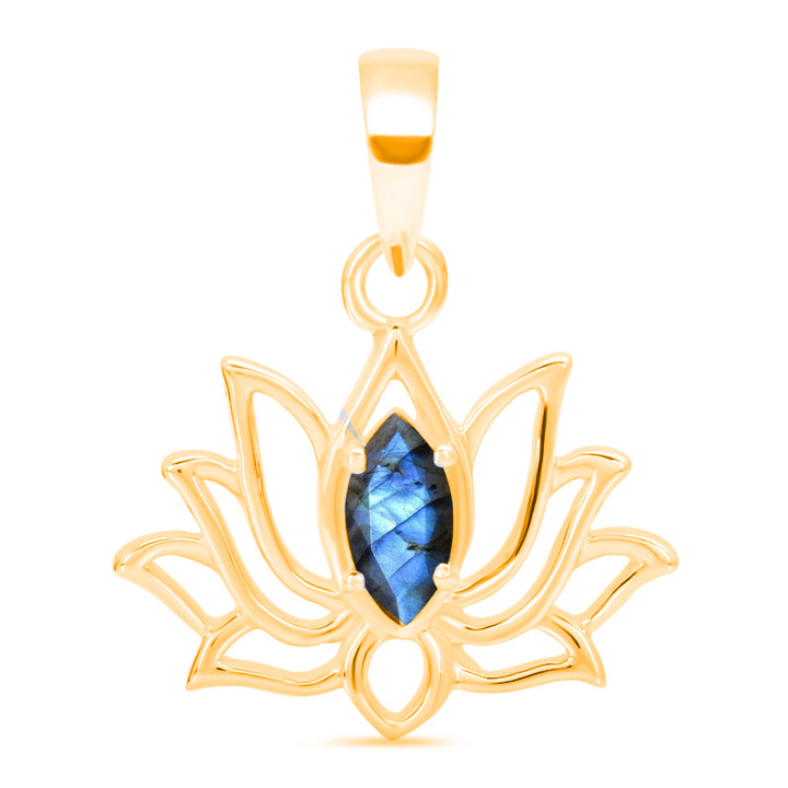 Gold Vermeil Lotus Pendant Necklace with Labradorite – Marquise Cut Centre – Satellite Chain