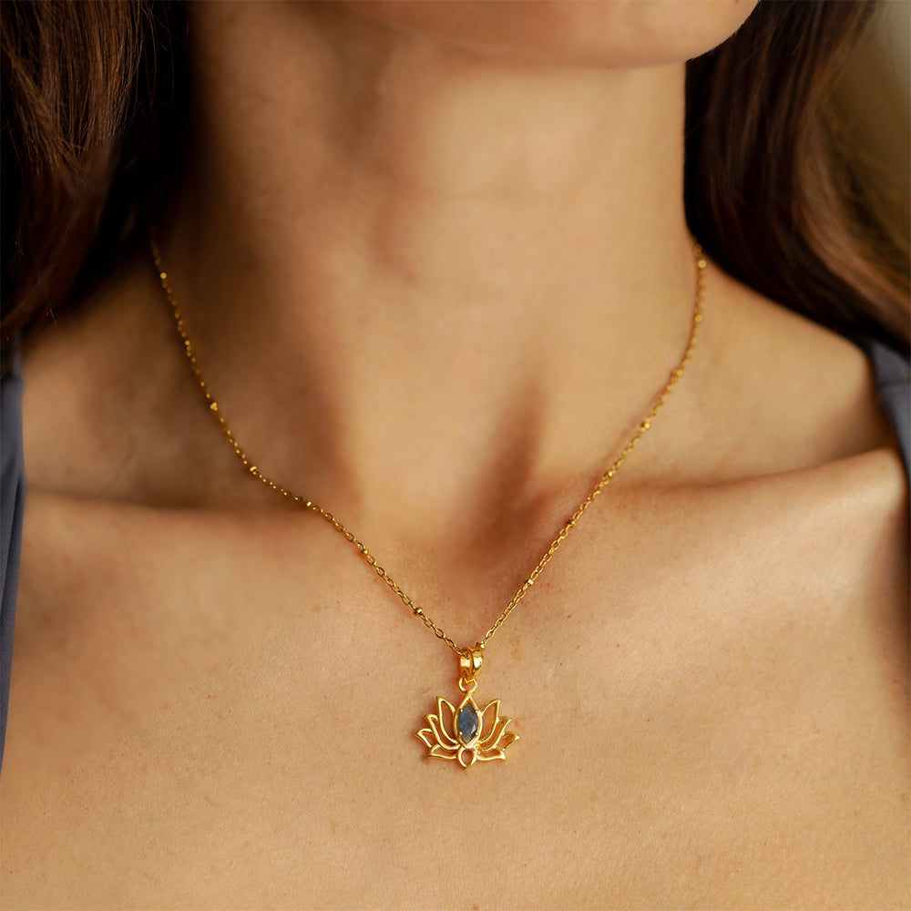 Gold Vermeil Lotus Pendant Necklace with Labradorite – Marquise Cut Centre – Satellite Chain