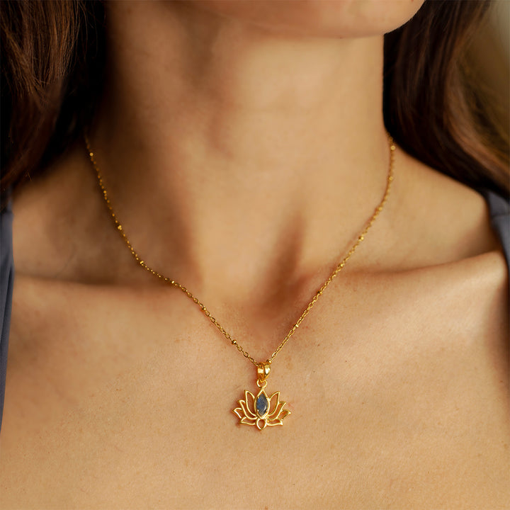 Gold Vermeil Lotus Pendant Necklace with Labradorite – Marquise Cut Centre – Satellite Chain