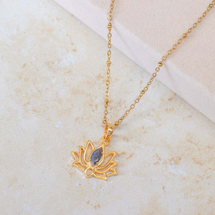 Gold Vermeil Lotus Pendant Necklace with Labradorite – Marquise Cut Centre – Satellite Chain