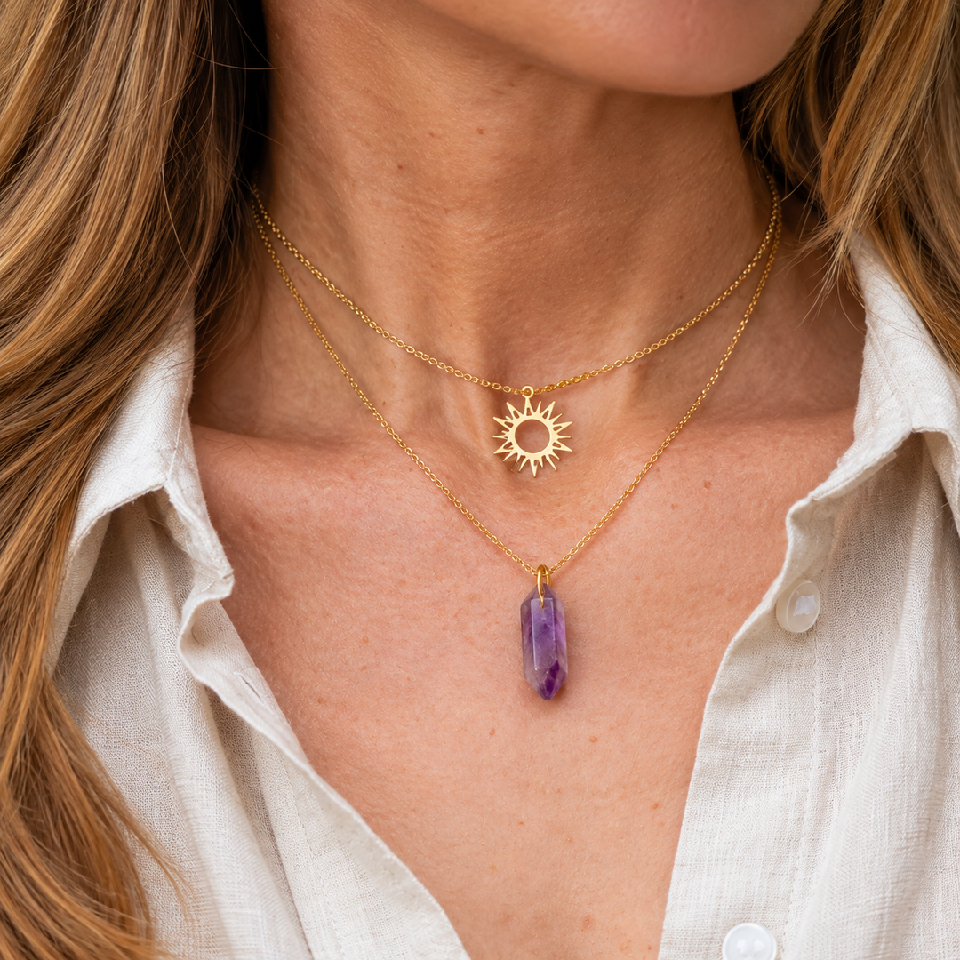 Gold Sun & Genuine Amethyst Layered Necklace | 18K Gold Plated