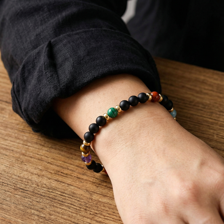 7-Chakra Bead Bracelet with Black Onyx and Gold-Filled Accents