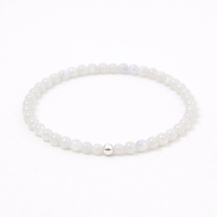 Rainbow Moonstone Gemstone Bracelet – 4mm Beads with Sterling Silver Accent