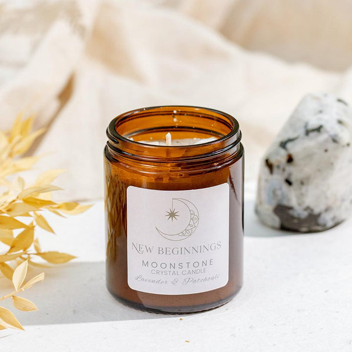Moonstone Crystal Candle – New Beginnings & Intuition | Hand-Poured Soy Wax