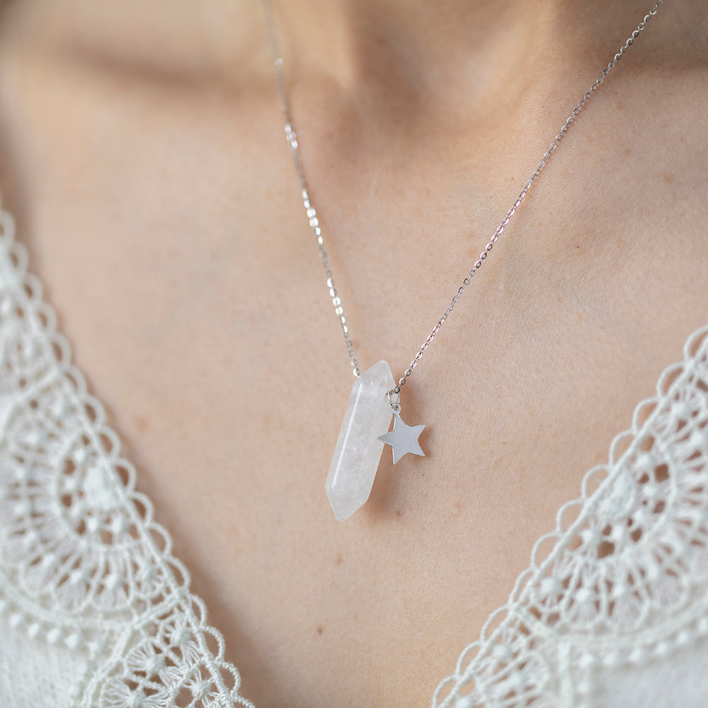 Natural Quartz Point Pendant Necklace with Star