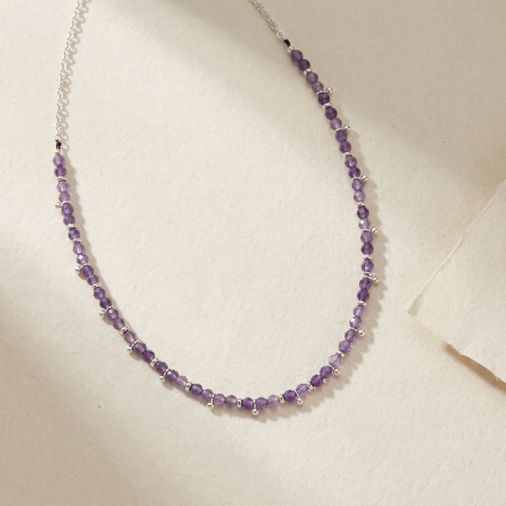 Amethyst Beaded Necklace – Silver Accent Crystal Necklace for Clarity