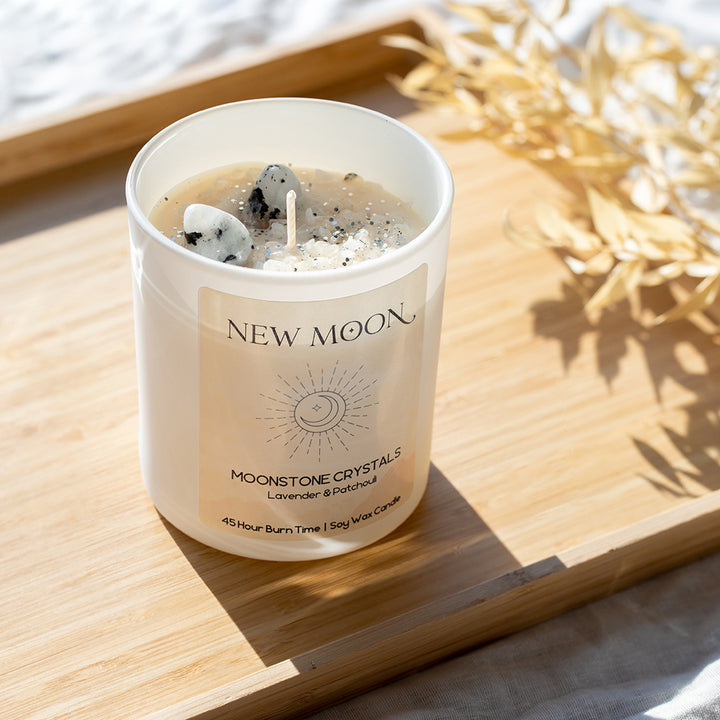New Moon Candle with Moonstone Crystals - Djuna Studios