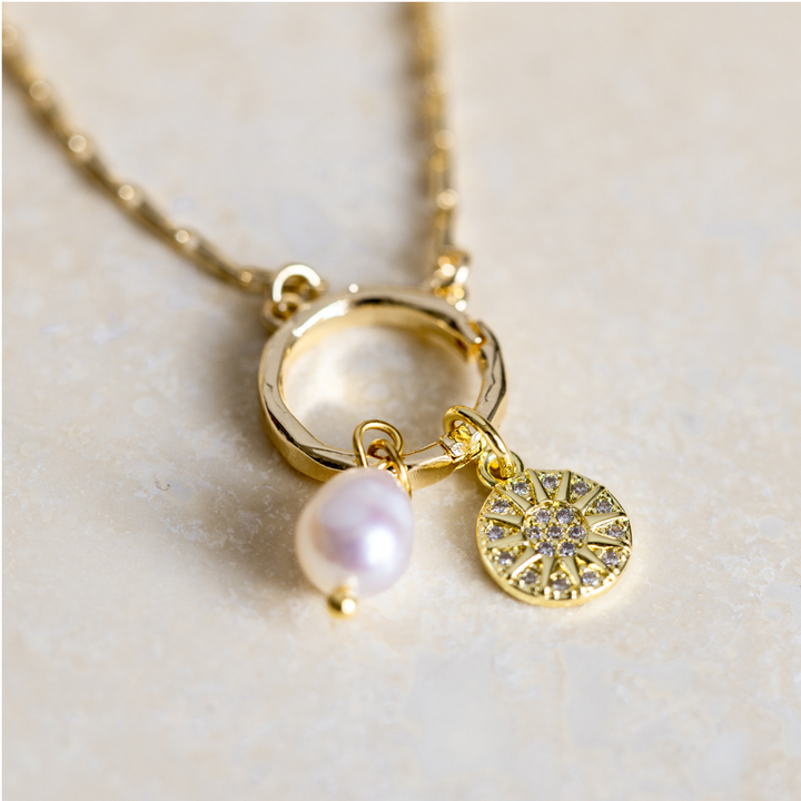 Celestial Sun Pearl Necklace - Gold Plated Stainless Steel Charm Set