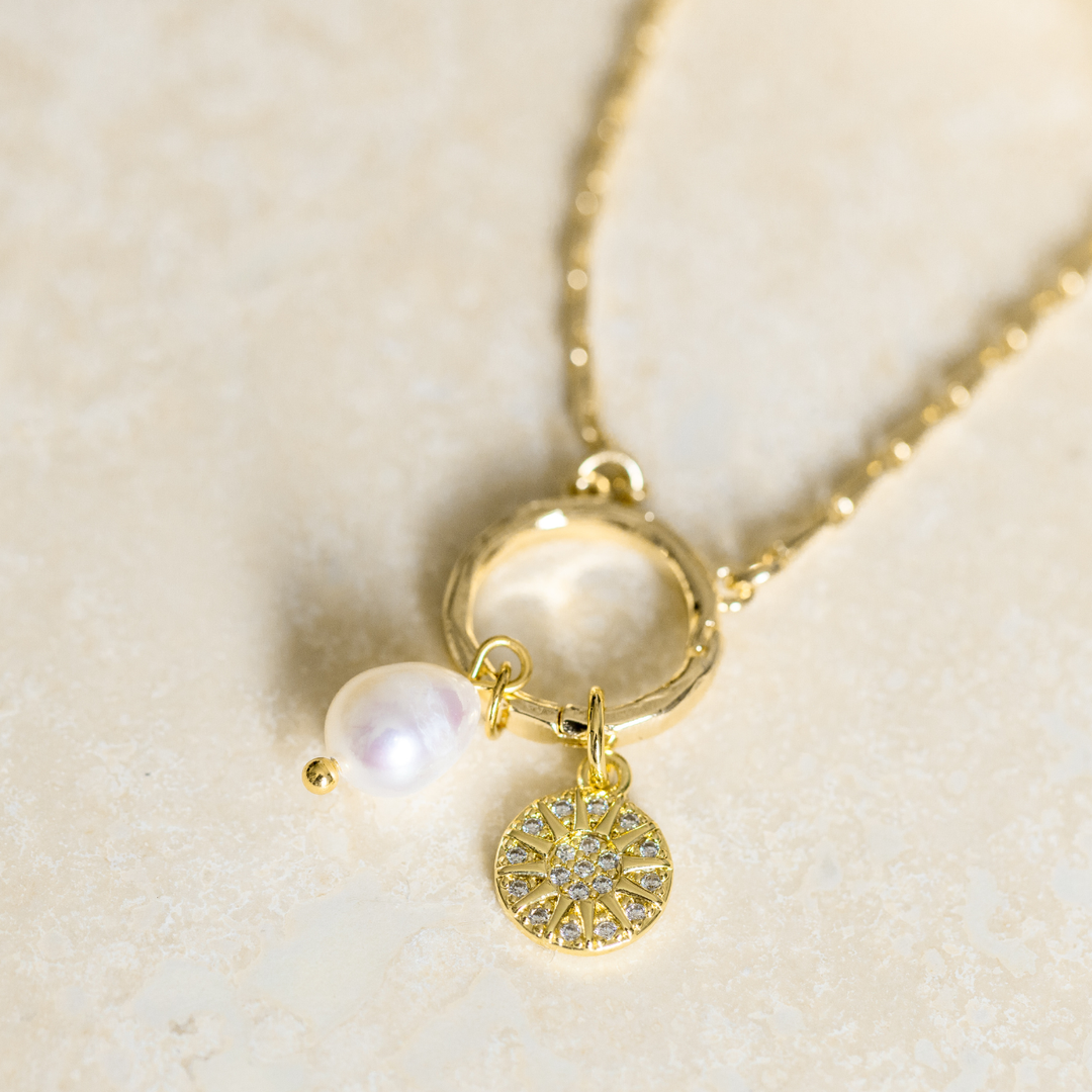 Celestial Sun Pearl Necklace - Gold Plated Stainless Steel Charm Set