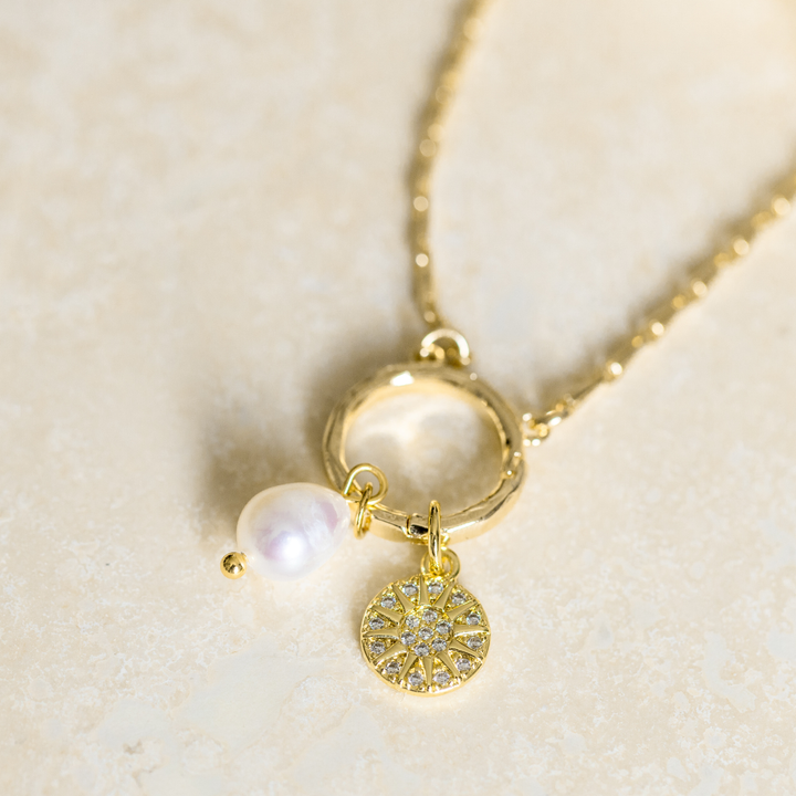 Celestial Sun Pearl Necklace - Gold Plated Stainless Steel Charm Set