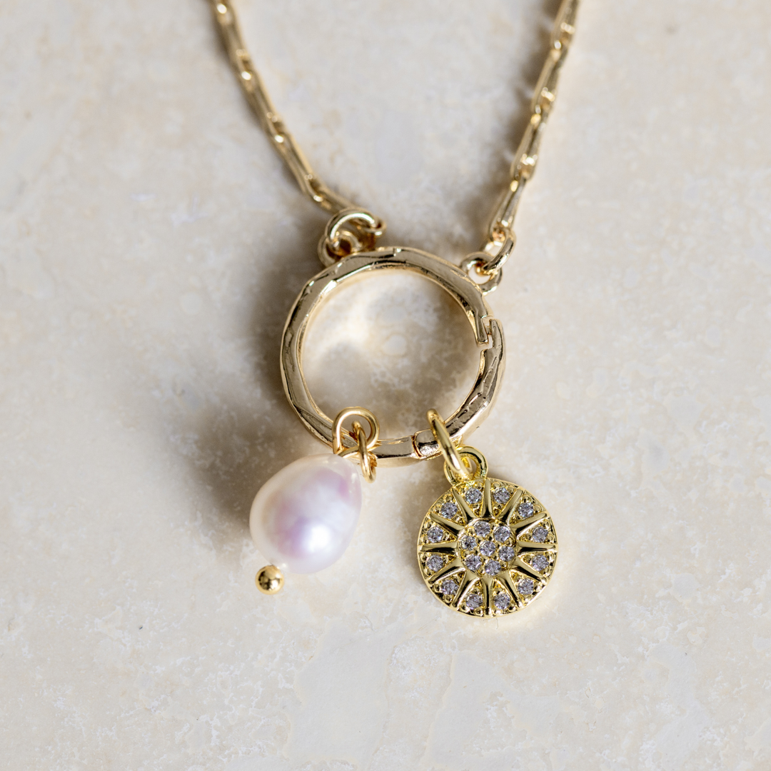 Celestial Sun Pearl Necklace - Gold Plated Stainless Steel Charm Set