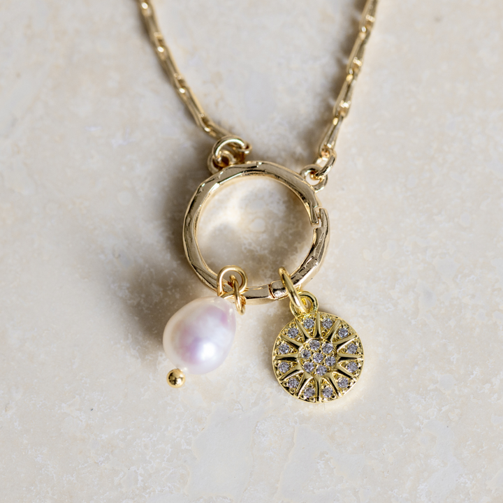 Celestial Sun Pearl Necklace - Gold Plated Stainless Steel Charm Set