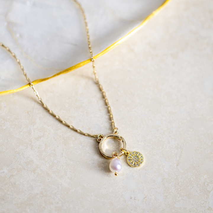 Celestial Sun Pearl Necklace - Gold Plated Stainless Steel Charm Set