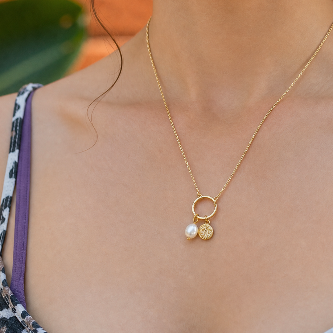 Celestial Sun Pearl Necklace - Gold Plated Stainless Steel Charm Set