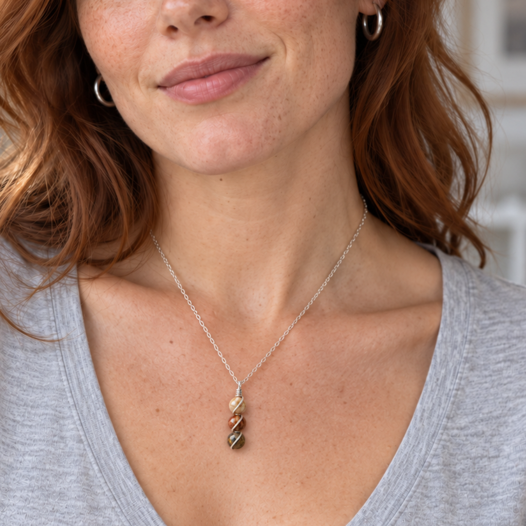 Petrified Wood Necklace – Triple Gemstone Wire-Wrapped Pendant