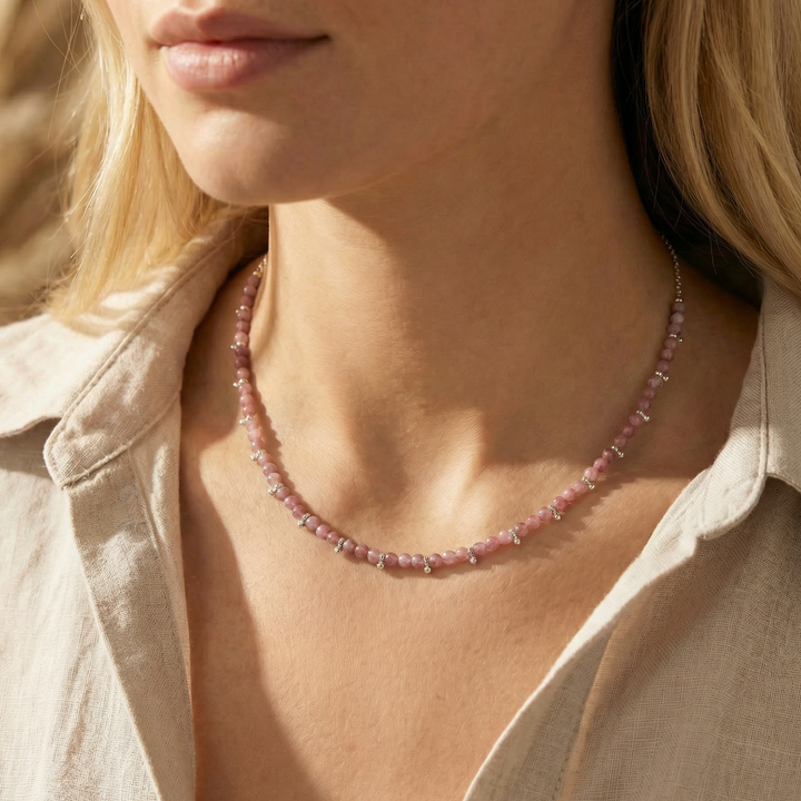 Pink Tourmaline Beaded Necklace – Gold Accent Crystal Necklace