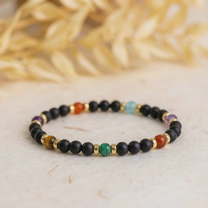 7-Chakra Bead Bracelet with Black Onyx and Gold-Filled Accents