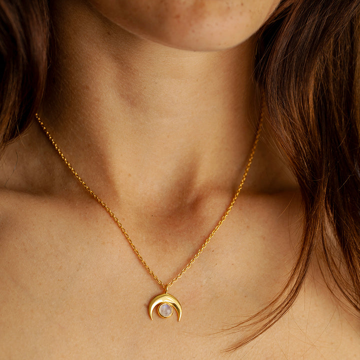 Crescent Moon Necklace with Rainbow Moonstone – Gold Vermeil Pendant