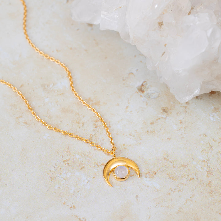 Crescent Moon Necklace with Rainbow Moonstone – Gold Vermeil Pendant