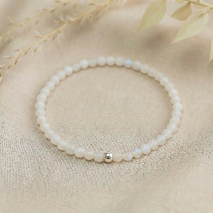 Rainbow Moonstone Gemstone Bracelet – 4mm Beads with Sterling Silver Accent