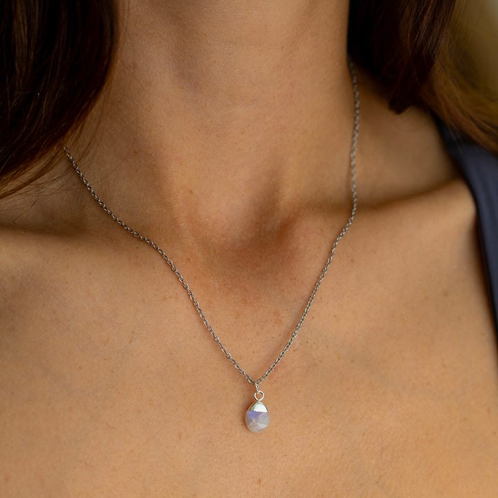 Rainbow Moonstone Necklace - Tumbled Teardrop Pendant - New Beginnings