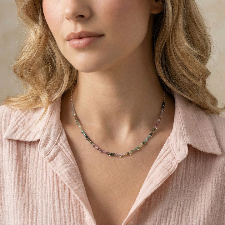 Tourmaline Beaded Necklace – Gold Accent Crystal Necklace