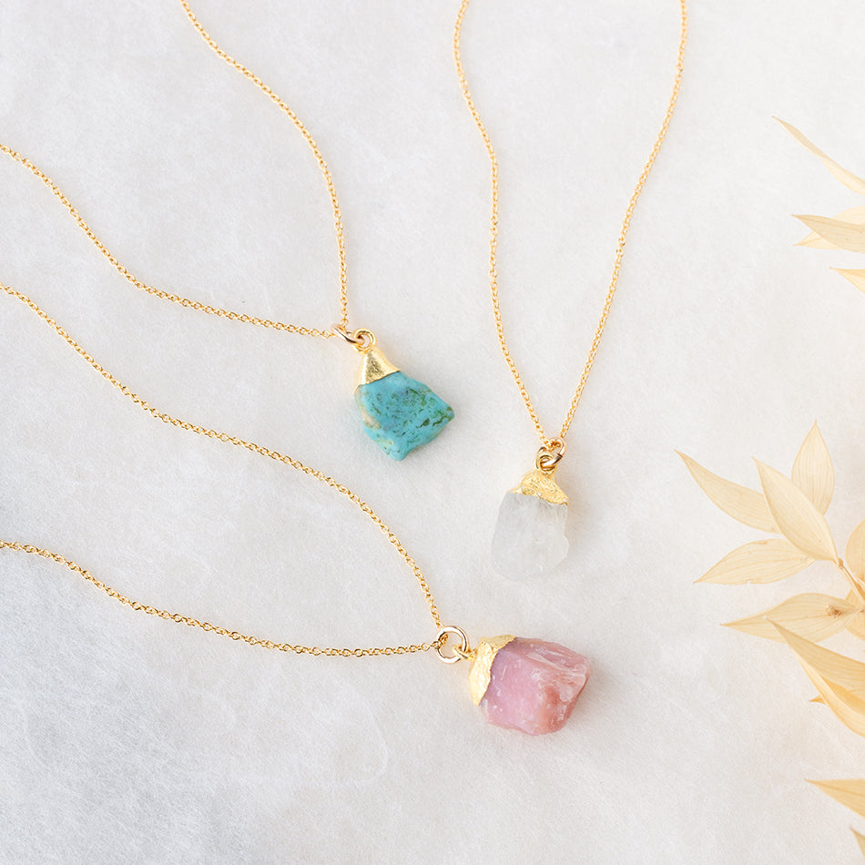 raw natural crystal necklaces available in either gold or silver - great for birthstone jewellery