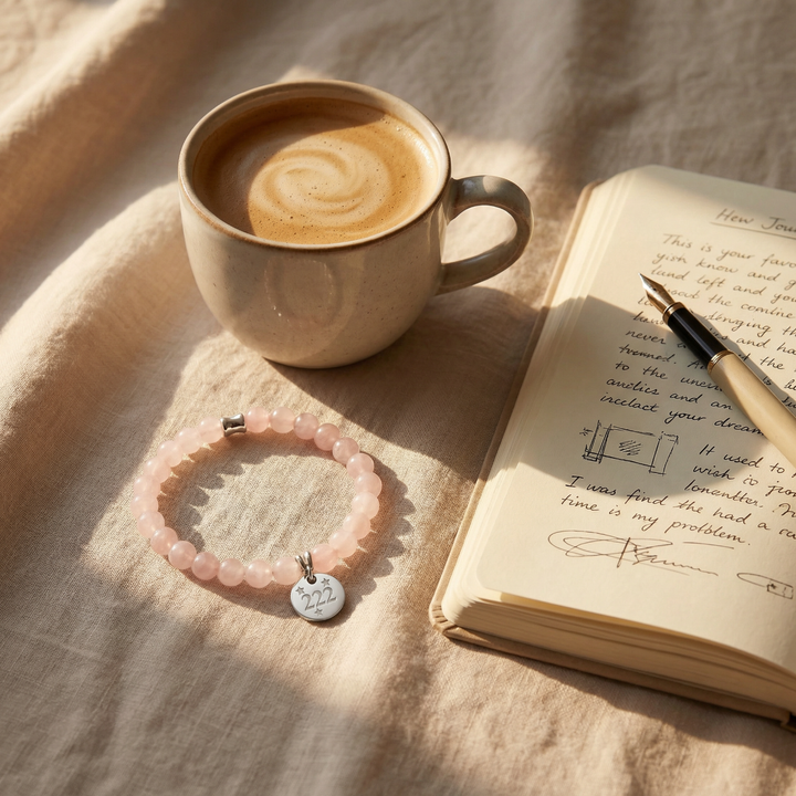 Cup of coffee with a pink bracelet, pen, and open book on a textured surface