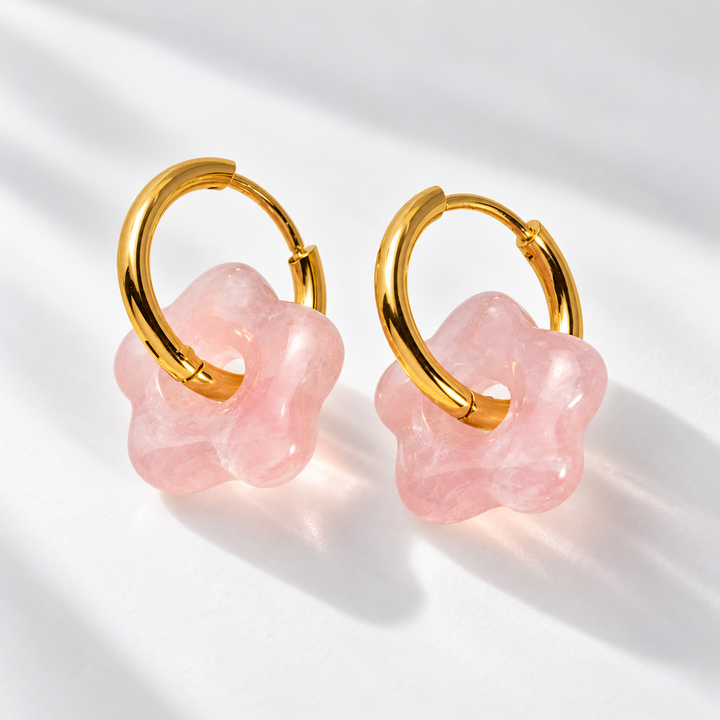 Rose Quartz Earrings - Gemstone Flower Huggies