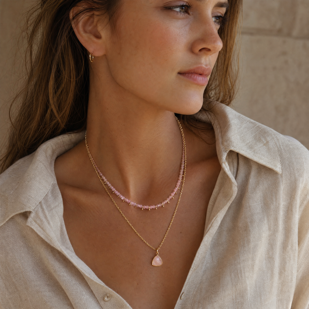 Rose Quartz Layered Necklace Set - Pink Beaded Choker