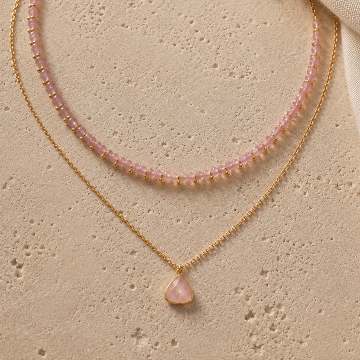 Rose Quartz Layered Necklace Set - Pink Beaded Choker