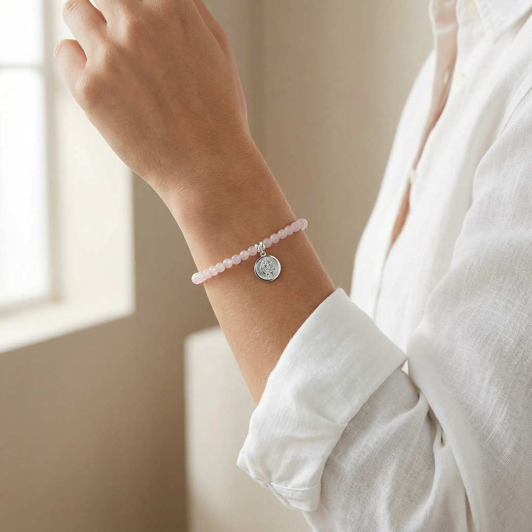 Rose Quartz & Sterling Silver Saint Christopher Bracelet