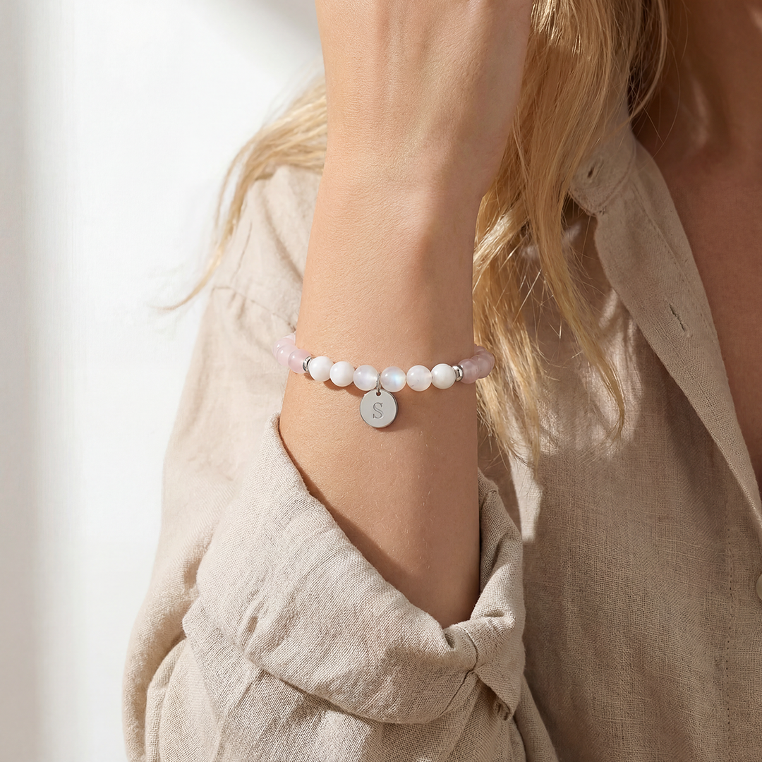 Rose Quartz & Moonstone Initial Bracelet