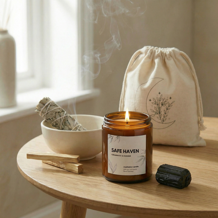 Candle labeled 'Safe Haven' on a wooden table with a bowl of sage, wooden tools, and a drawstring bag.