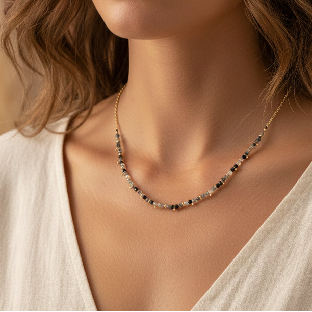 Black Rutilite Gemstone Gold Necklace