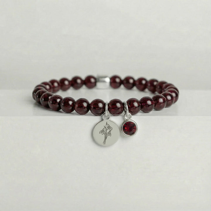 January Birthstone Garnet Bracelet with Swarovski Crystal and Snowdrop Engraved Charm