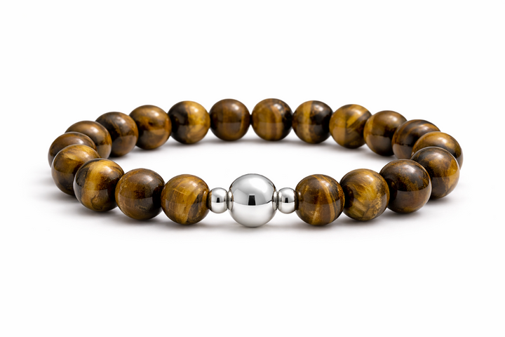 Bracelet with brown beaded design and silver bead on a white background