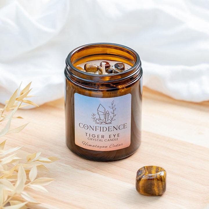 Confidence Crystal Candle with Tiger Eye – Natural Soy Wax, Handmade