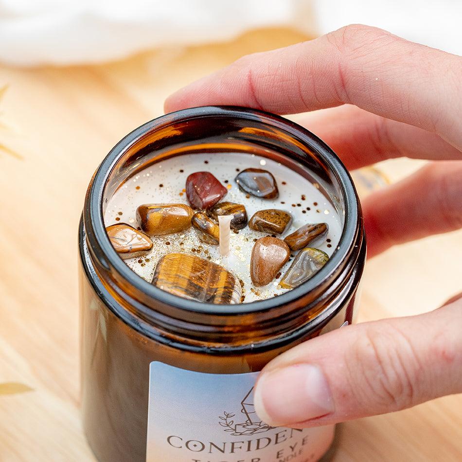 Confidence Crystal Candle with Tiger Eye – Natural Soy Wax, Handmade