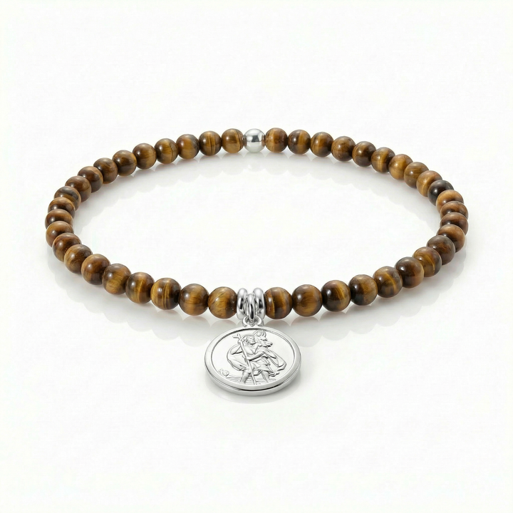 Tiger Eye & Sterling Silver Saint Christopher Bracelet